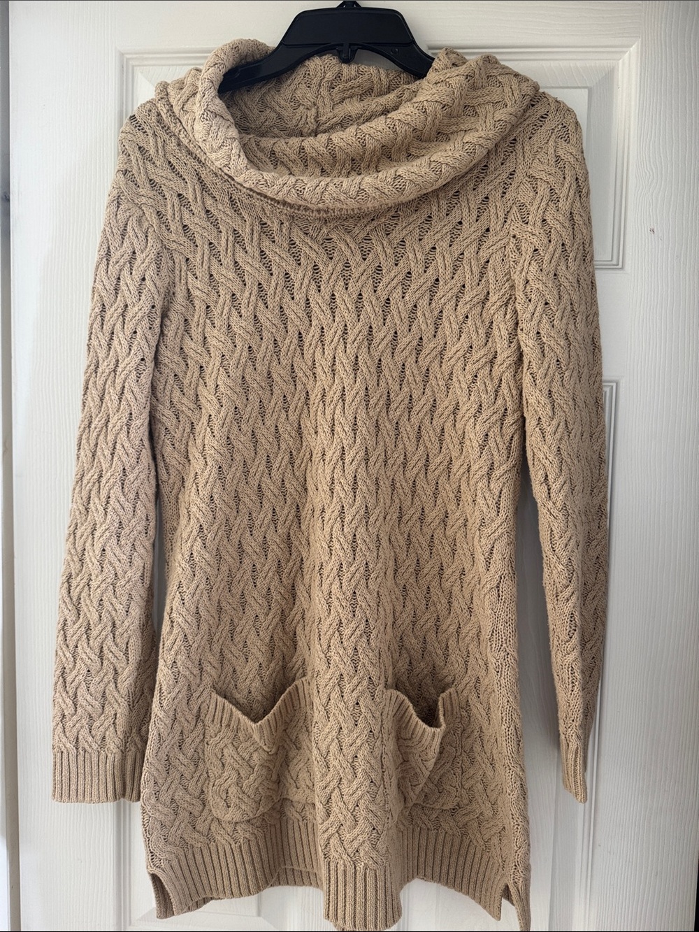 JEANNE PIERRE Beige Cable Knit Cowl Neck Tunic Sweater
